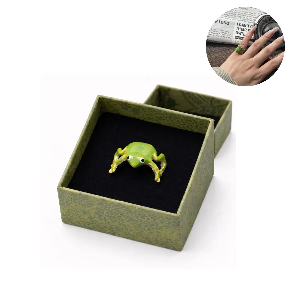 Women's Adjustable Green Frog Open Ring - Kawaii Costume Jewelry, Fun Cartoon Finger Accessory with Individual Ring Box (Ideal Gift for Teens)