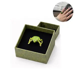 Women's Adjustable Green Frog Open Ring - Kawaii Costume Jewelry, Fun Cartoon Finger Accessory with Individual Ring Box (Ideal Gift for Teens)