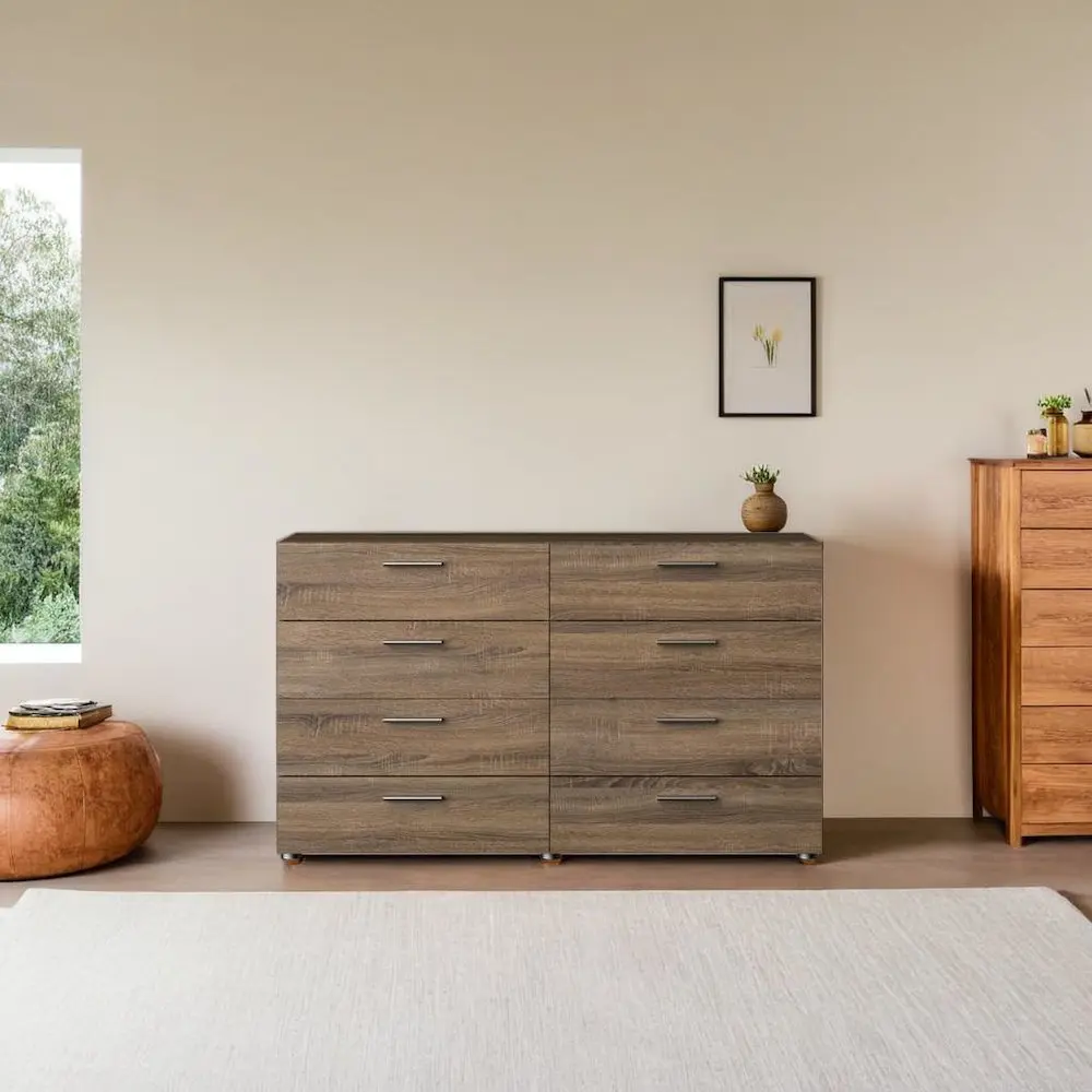 8-Drawer Double Dresser - Truffle Oak Engineered Wood Indoor Cabinet, Smooth Gliding Drawers for Modern Bedroom Storage Solutions
