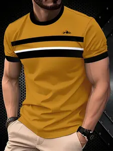 Men's Casual 3D Print Polyester Short Sleeve T-Shirt, Fitted, Slightly Elastic Stretchy Knit Fabric, Breathable Comfort, All Seasons Wear