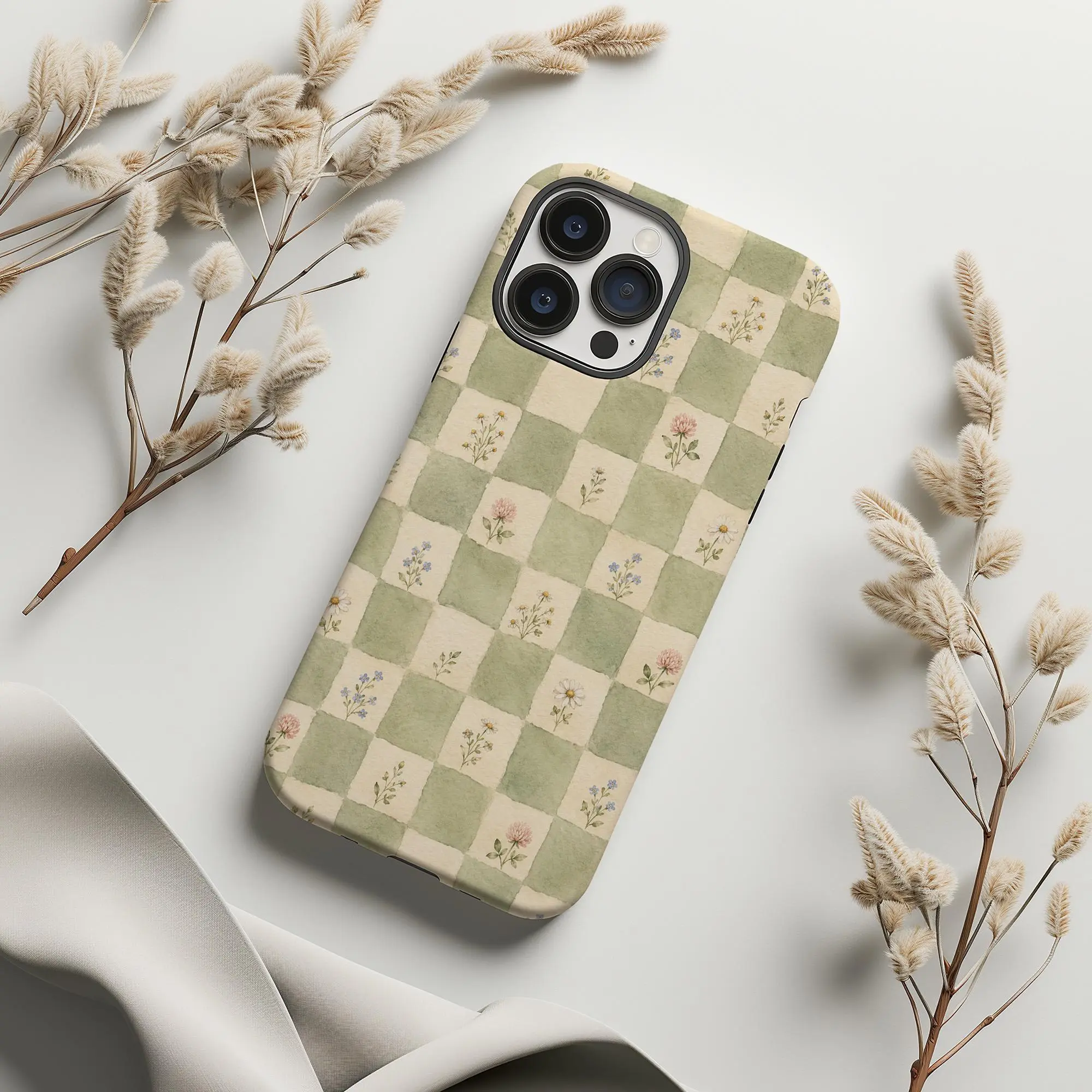 Cottagecore Sage Green Checkered Floral Case, Wildflower Boho Aesthetic, Vintage Cottage Gift for Her # vintage design # Patterned Shockproof iPhone Case # aesthetic tech accessories # tpu cellphone casing # ip17promax # s26 ultra case # cute phone cases
