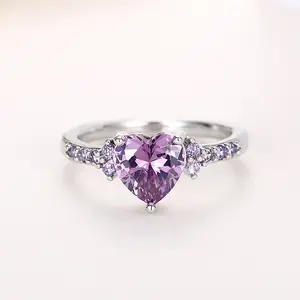 Purple Heart Cut 5A Grade Cubic Zirconia Ring with Side Purple & Clear Accents Sparkling Bridal Wedding Proposal Anniversary Gift for Her