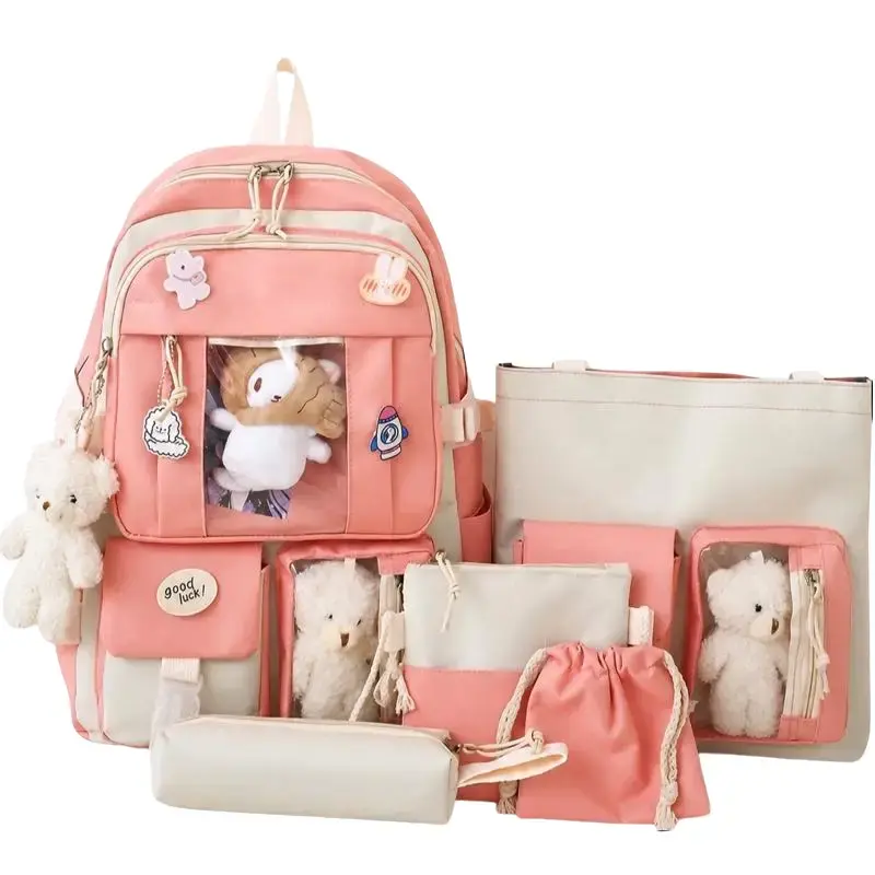 Backpack 5pcs Set 17in Aesthetic sports bag with Cute Backpack, Shoulder Bag, Pencil Box, Tote Bag, Small Bag (Pink backpack)