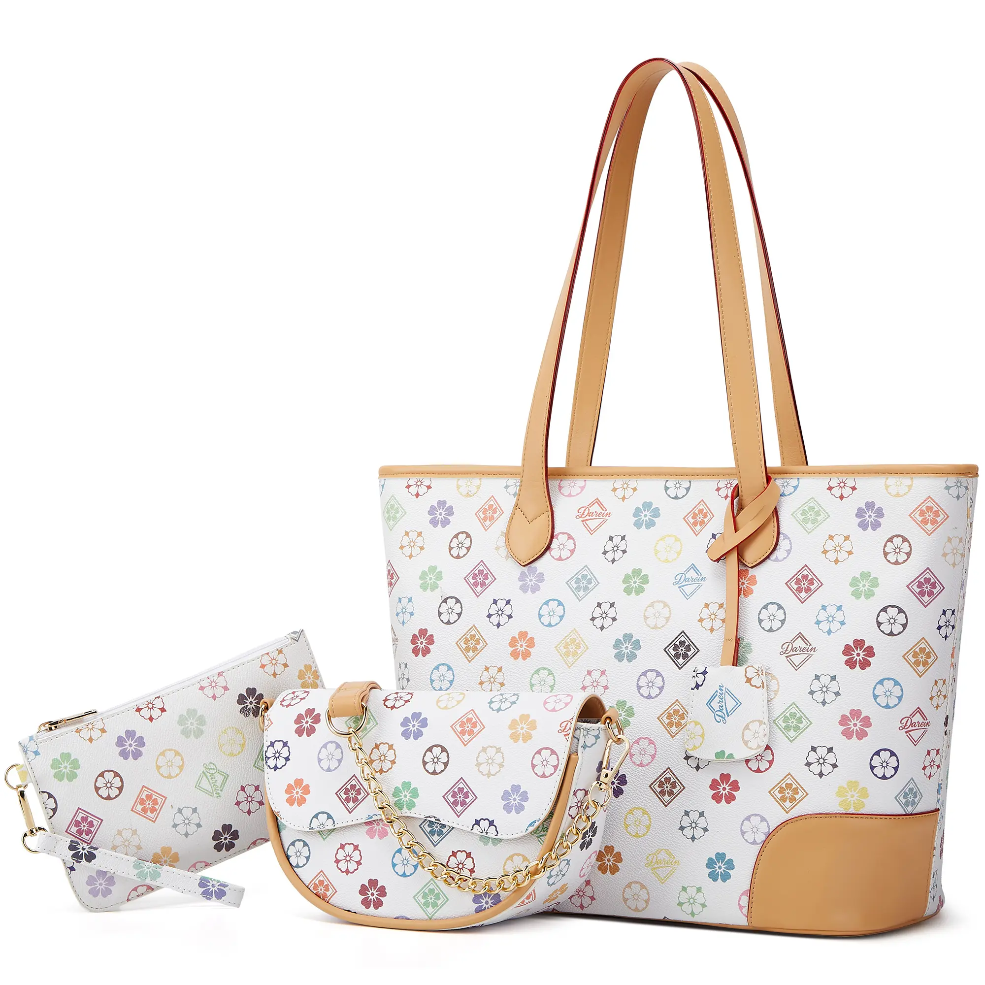 Women's Lightweight Leather Multi-Functional Floral Bag - 3-Piece Set with Compartments, Shoulder Handbag for Travel, Work, Multi Functional Bag summerwins,