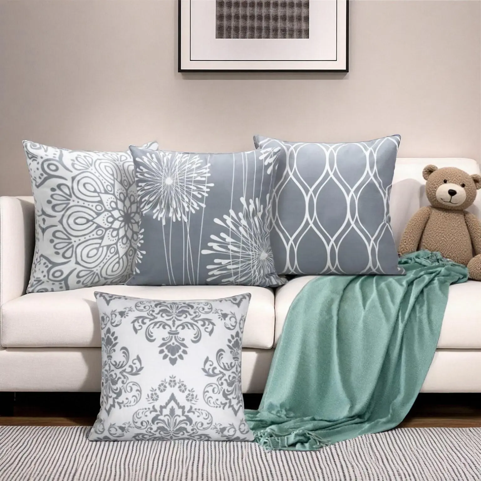 4-Pack 18x18 in Grey & White Modern Simple Couch Cushion Covers - Removable Washable Indoor Slipcovers, Decorative Home Decor for Living Room Sofa & Farmhouse Spaces, Couch Cushion Covers For Sofa, Cushion Slipcovers