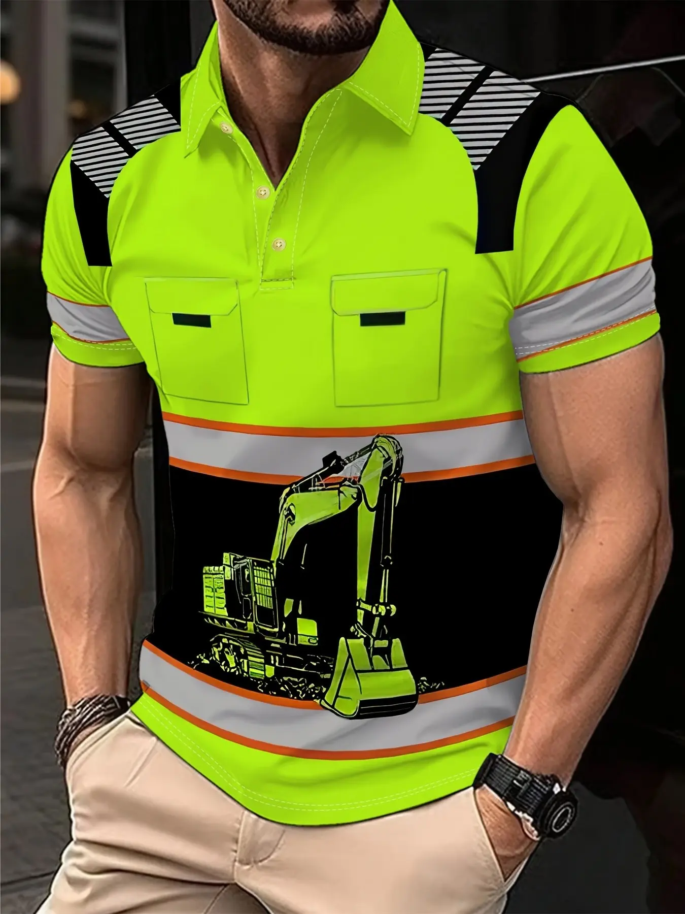 Men's Fluorescent Excavator Print Short Sleeve Polo Shirt, Casual Oversized Loose-Fitting Hoodie, All-Season Random Pattern Top, Graphic Polo Shirts