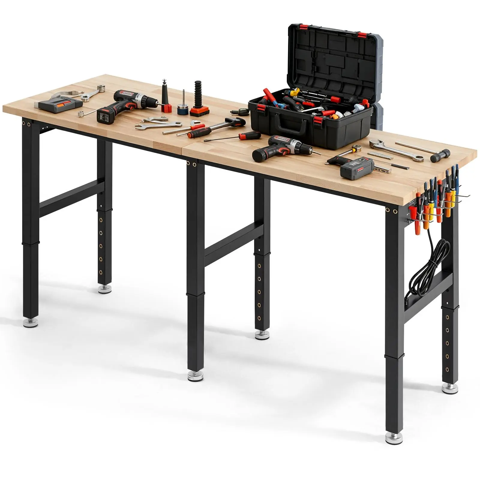 【Summerfinds】VEVOR Sturdy Adjustable Heavy-Duty Workbench - Heavy Duty Worktables, 5000 lbs Capacity, 72x24 in Oak Wood Top, 4 AC Outlets, 2 USB Ports, Power Station, Triple Brace, 29.1-39 in Height - Commercial Office Furniture for Garage, WFH Setup, 29.