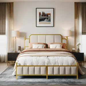 HOLDOLIFE Queen Size Corner Bed Frame, Gold & White, Easy Assembly, No Box Spring Needed