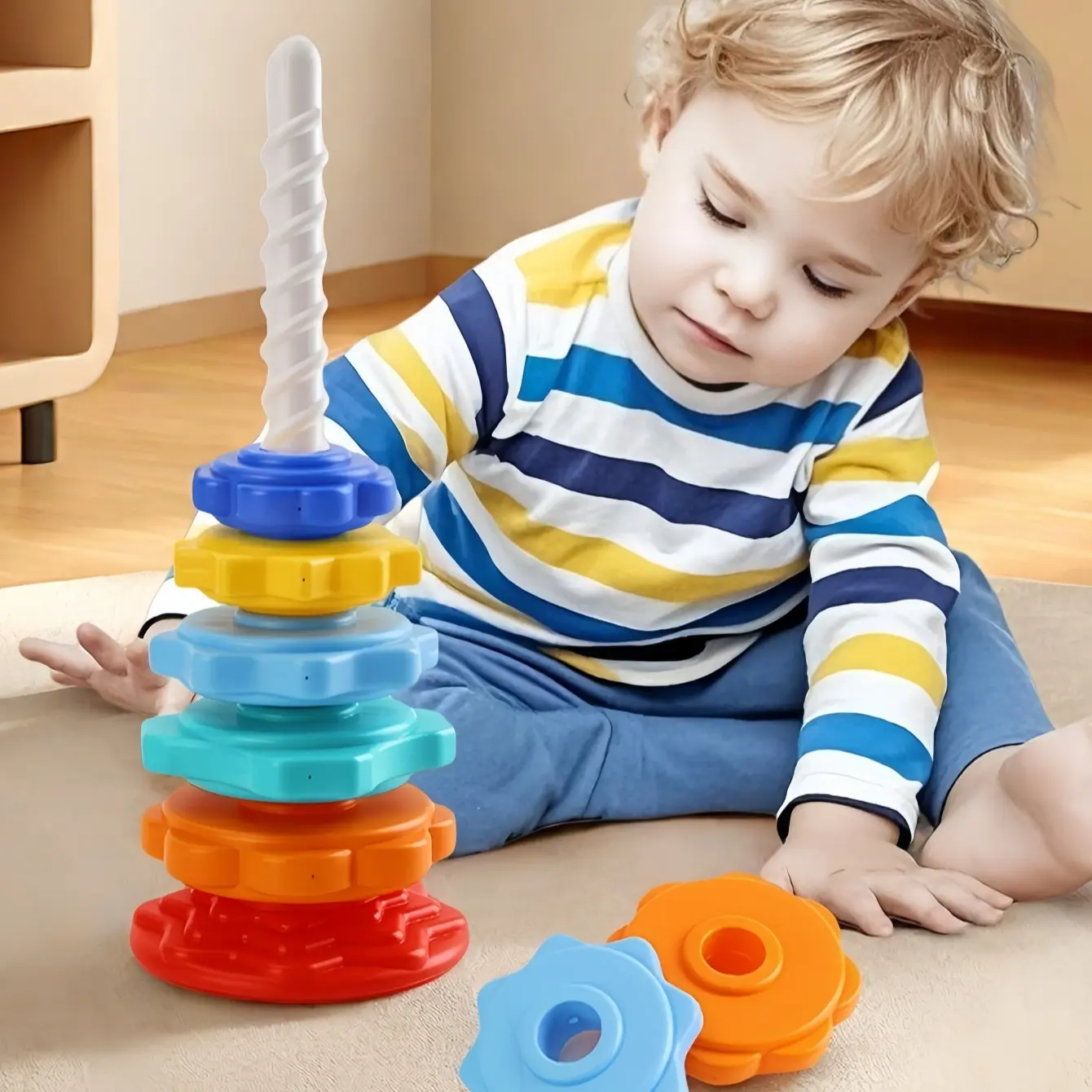 Baby Rotating Stacking Toy Blocks Set Tower Play Game, Colorful Ring Stackers for Kids Aged 1-3 Years, Early Education Gift for Boys & Girls