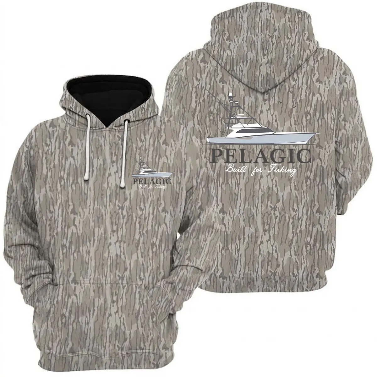 Pelagic - Offshore Fishing Boat Graphic Camo T-Shirt, Sweatshirt, Hoodie with Tree Print, Long Sleeve Outdoor Hunting Pullover, Classic Unisex Tee, Gift for Saltwater Anglers
