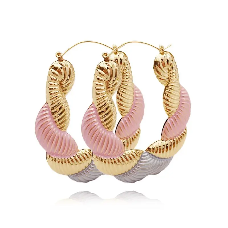 18k Layered Real Gold Filled oval tri colors bamboo hoop earrings #82, Fashion Earrings, High Quality Earrings