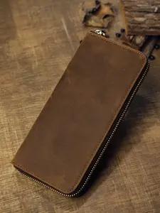 1 piece, handmade leather long zipper Crazy Horse leather wallet, simple youth genuine leather clutch, men's vintage casual phone bag