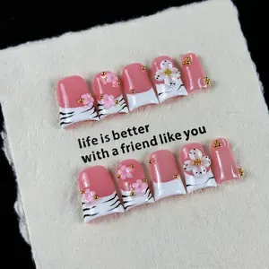 10pcs high-end Gentle lady style, hand-painted zebra pattern, three-dimensional embossed design, tiny glittering gold beads handmade fake nails, Suitable for spring outings, date nights, park camping picnics, and tent camping barbecues, Summer Nails