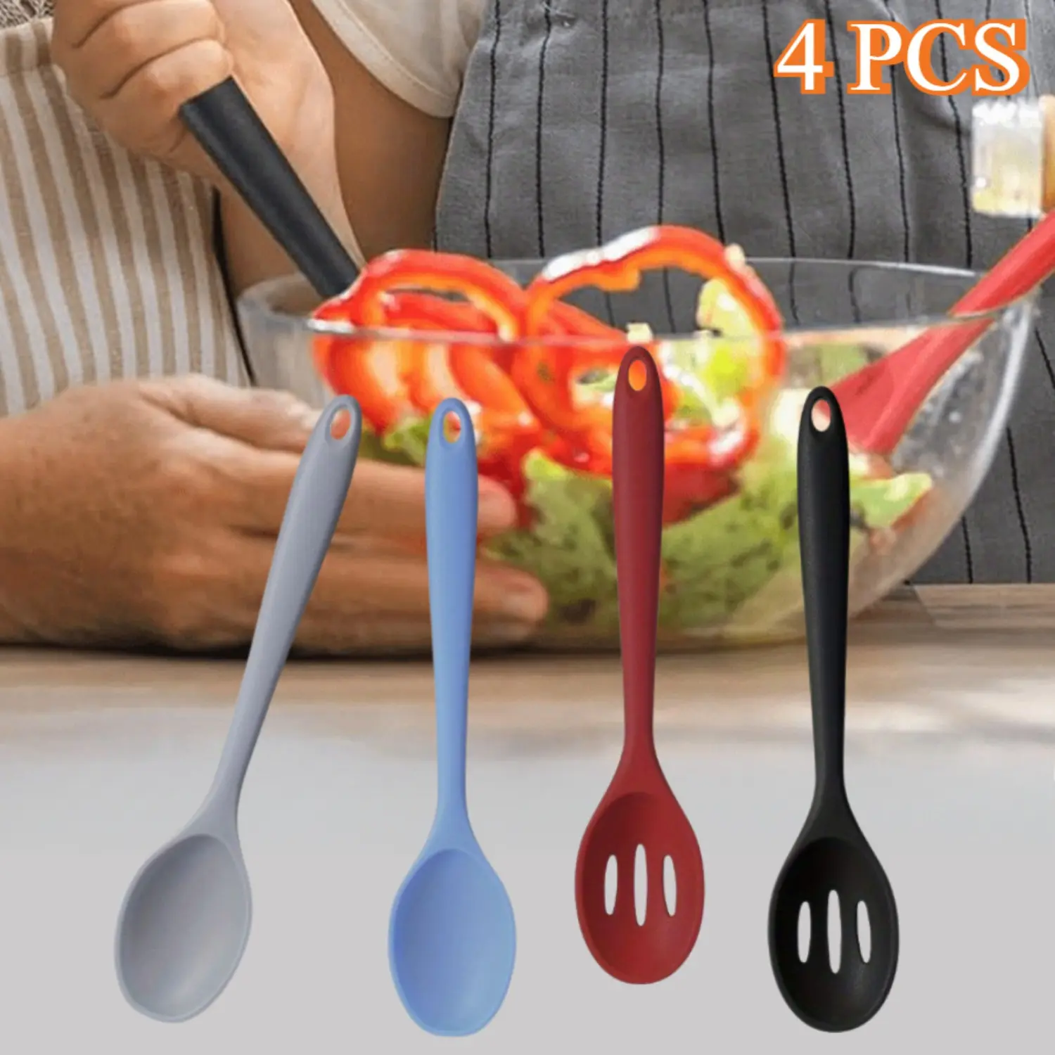 4 Pcs Silicone Cooking Utensils Set 10.6 Inch Large Silicone Serving Nonstick Spoons Heat Resistant Mixing Slotted Spoons for Kitchen Cooking Bake Stir, Dishwasher Safe(Mixed Colors) party  supplies gift, Slotted Spoon, 10.6 X 2.4 Inch