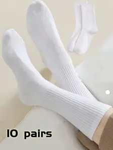 10 Pairs Unisex Solid Color Mid-Calf Socks, Breathable Sweat-Absorbing Comfort, Casual Work Business Wear, Running Exercise Sports Sock Set