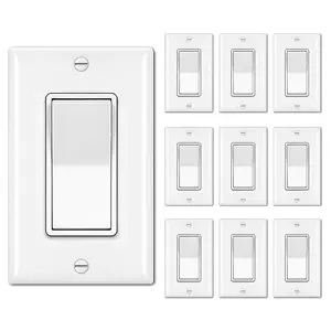 10 Pack Single Pole Decorator Light  with Wallplate, 15A 120/277V, Rocker Paddle Wall , On/Off Interrupter for LED and Other Lamps