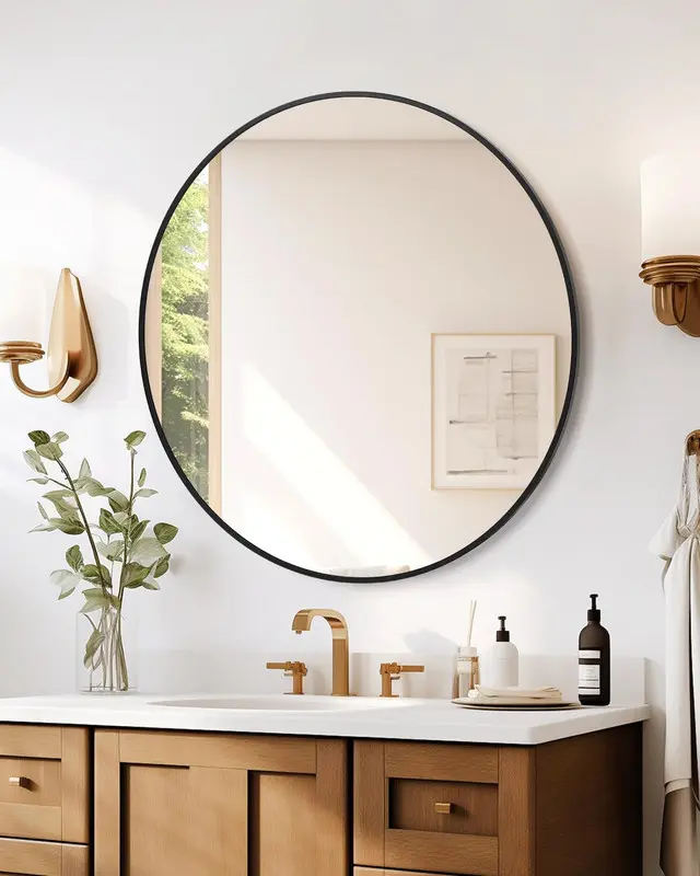 20-Inch Round Modern Farmhouse Wall Mirror, Durable Metal Aluminum Frame, Crystal Clear Reflective Glass for Bathroom, Living Room Decor