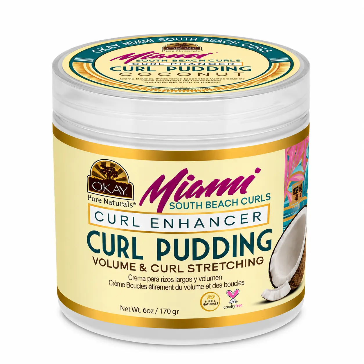 Okay Miami South Beach Curl Pudding, Hydrating Frizz Control Haircare with Aloe Vera & Coconut Oil, Paraben & Sulfate Free, 6 oz, Fragrance, Moisturizer, Gel, Curly Hair, Wavy, Creamy, Defines Curls, Paraben-Free, Beeswax