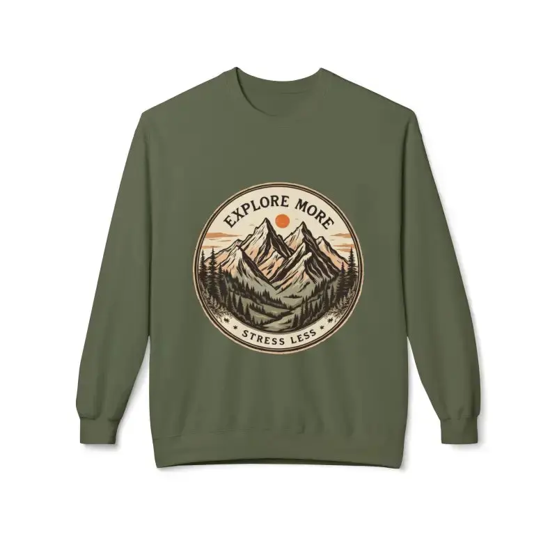 Olive Green Crewneck Sweatshirt Mountain Design Explore More Stress Less