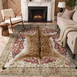 【Deals For You Days】GENIMO Deer Rug, Machine Washable Animal Print Low Pile Boho Carpet, Non-Slip Non-Shedding Pet Friendly Rug for Living Room Playroom Nursery Bedroom Entryway, Red Yellow