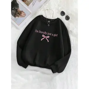 Pink Slogan & Bow Design, Fall/Winter , Black Sweatshirt,Long Sleeve Tops Graduation