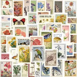 Vintage Flower & Butterfly Pattern Stamp Sticker, 50pcs/set Retro Stamp Sticker, DIY Decorative Sticker for Scrapbooking, Journaling, Gift Wrapping, Floral Pattern Sticker