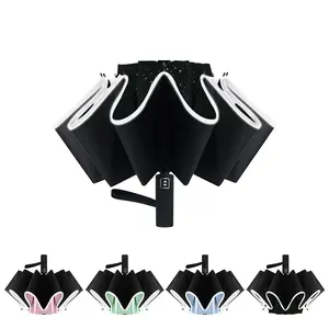 Automatic Open Large Compact Reverse Umbrella for Rain and UV Protection Inverted Folding Umbrellas with Reflective Safe Stripe Portable for Men and Women