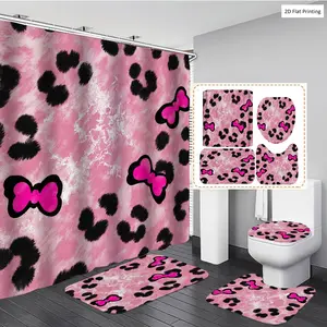1/3/4PCS Pink Leopard print with Bow shaped Decorations Shower Curtain Set with Rugs, Non Slip Bath Mat, U-Shape Carpet, Toilet Lid Cover, Polyester Fabric Bathtub Curtain Accessories, 12 Hooks, Home Bathroom Festival Decor, Shower Essentials