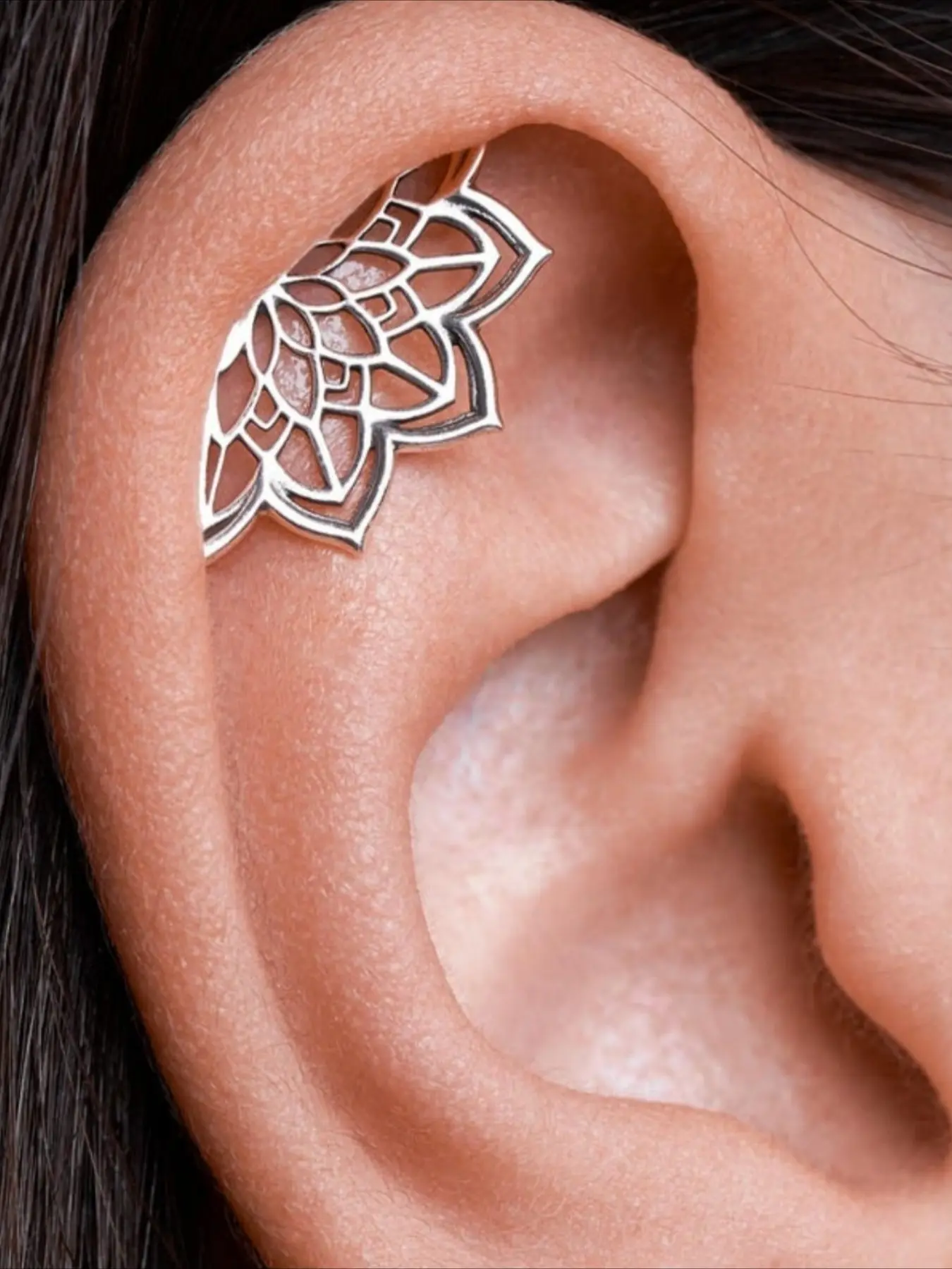1Pc Boho Helix Earring, Geometric Mandala Lotus Flower Hidden Helix, Piercing, Cartilage Stud, Cartilage Earrings, Ear Studs, Bohemian Silvery Spiritual Jewelry, Dailygift, Available All Season, Unique Gift
