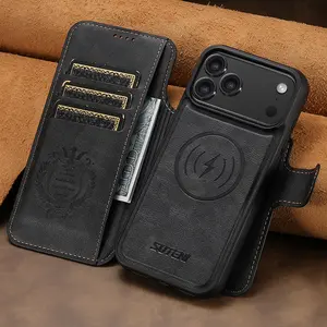 iPhone 17 Pro Max Leather Magnetic Wallet Case| Detachable 2-in-1 Flip Cover with MagSafe, Card Slots, Kickstand & Military-Grade Drop Protection, Spliced Black