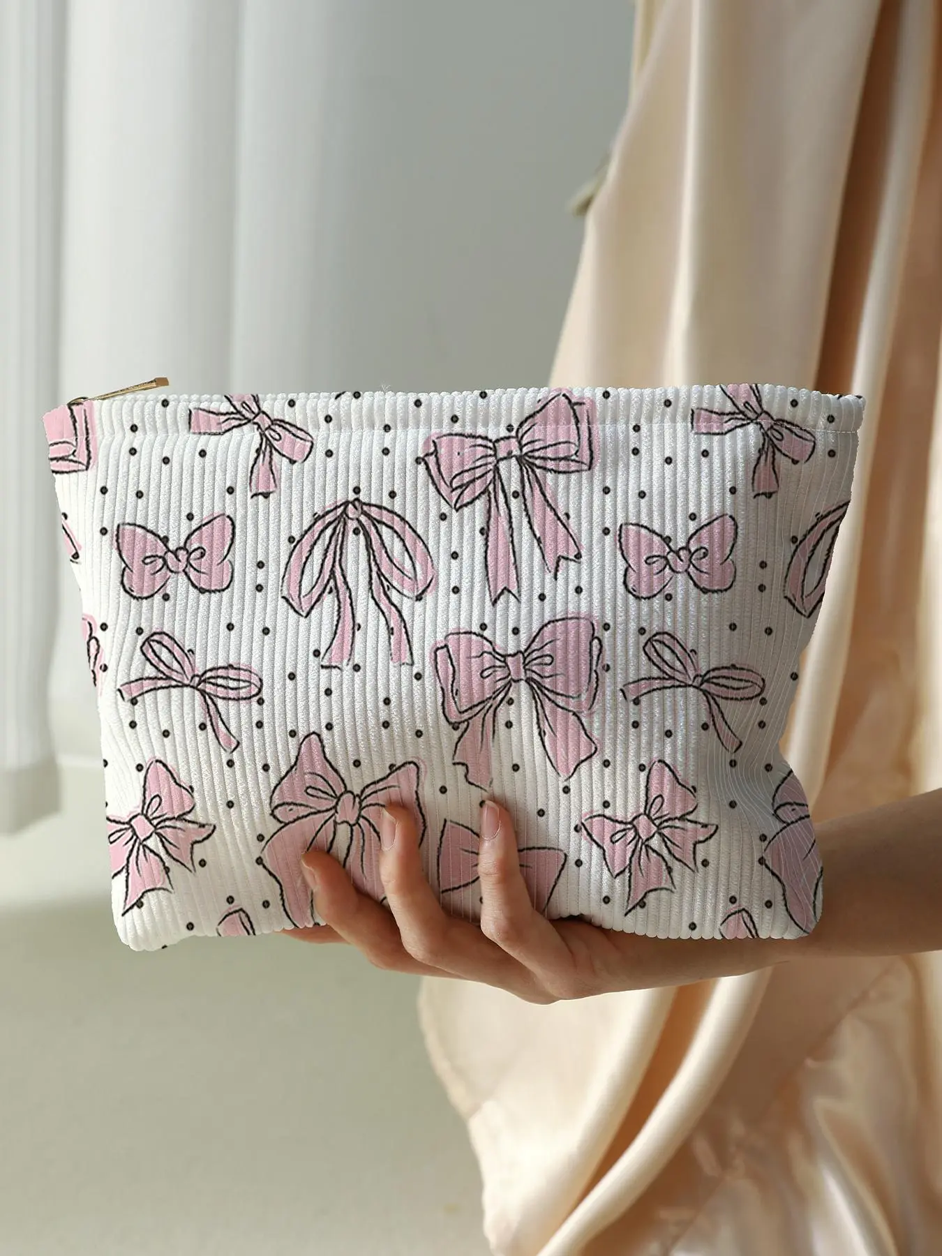 Cute Bowknot & Polka Dot Pattern Makeup Bag, Lightweight Multifunctional Cosmetic Storage Bag, Casual Versatile Zipper Corduroy Makeup Bag for Travel & Daily Use, Travel Cosmetic Bags, Handheld Cosmetic Pouch, Cosmetics Bag