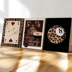 3-Piece Wood Frame Canvas Art, Leopard Print Poker 8 Ball Retro Triptych Poster, Modern Living Room Decor, Waterproof Wall Art