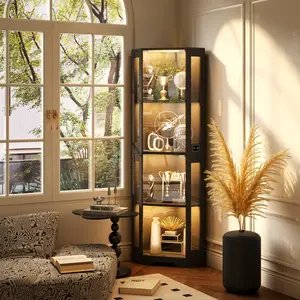 BROTTAR 65" Freestanding Collectible Glass Cabinet - 4-Tier Functional Organizational Corner Display Case with LED Lights, Glass Doors & Human Body Sensor (Black/White), Collectible Glass Cabinets, Freestanding Glass Cabinets