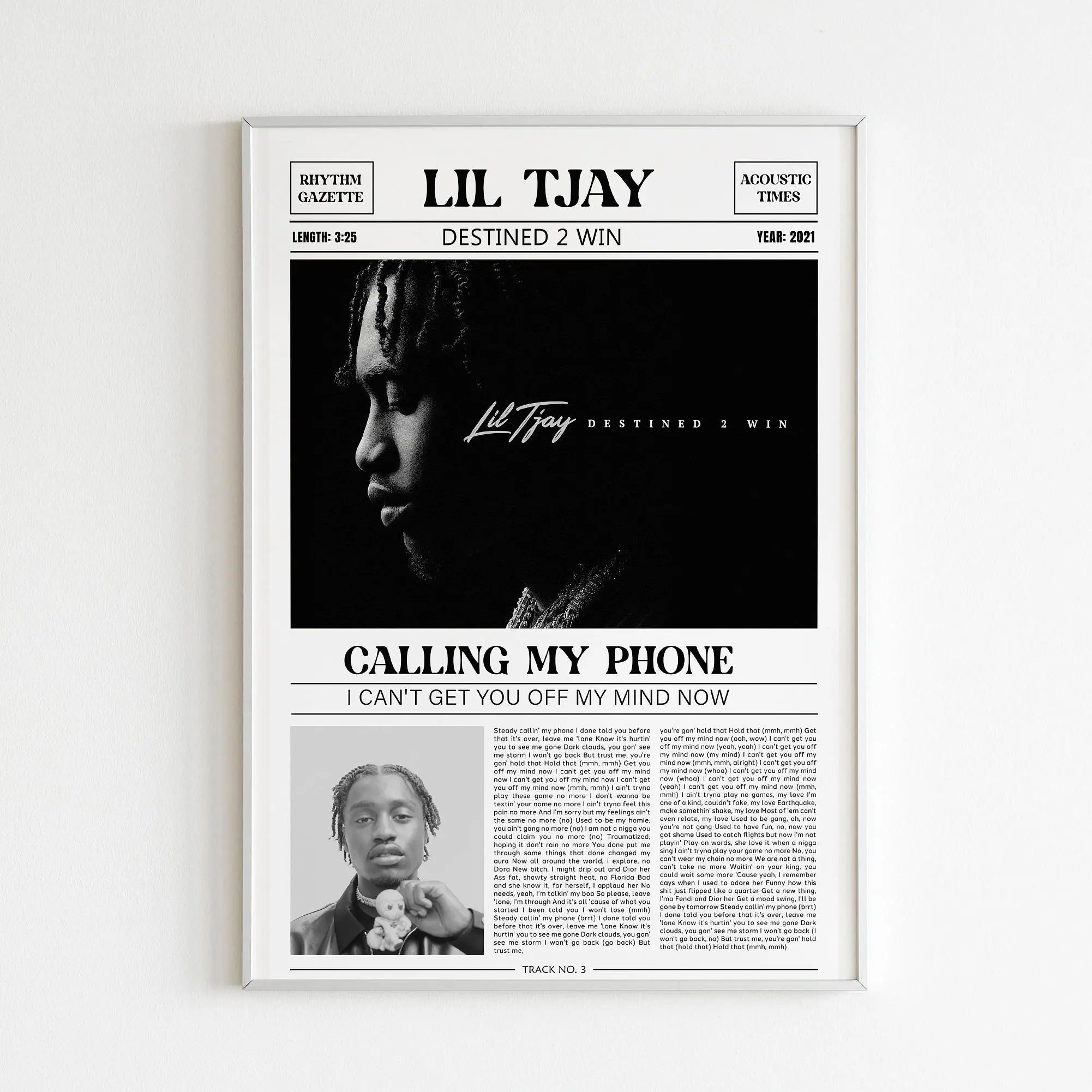 Lil Tjay Retro Newspaper Print / Calling My Phone Poster No Frame / Lyrics Print / Lil Tjay Merch / Destined 2 Win Poster / Music Gift / Fans Gift