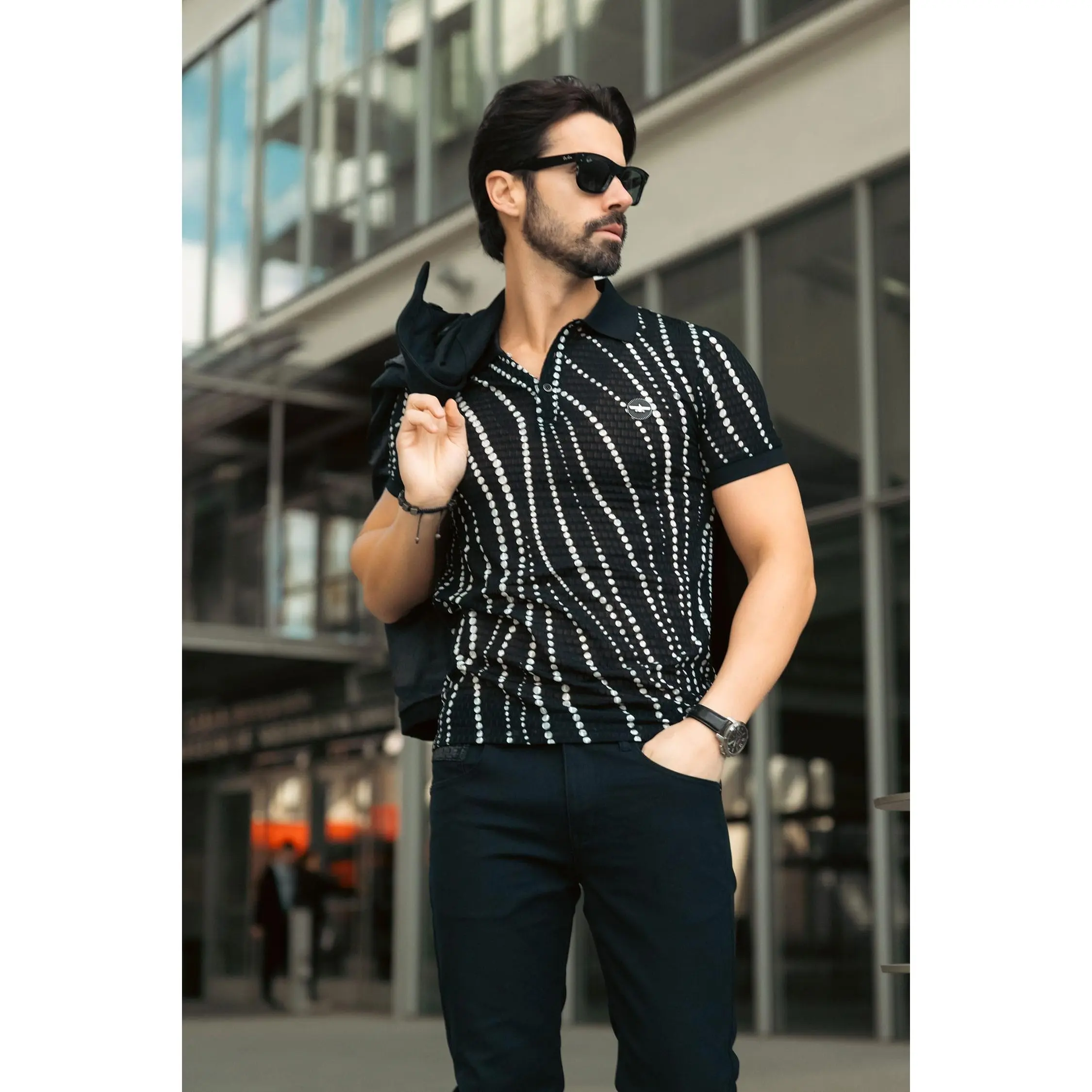 Lisbon Polka Dots Polo Shirt - Cotton Blend, Ribbed Collar, Elegant Fit, Short Sleeve, Breathable Fabric for Men Menswear Tops
