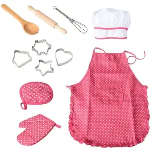 Apron for Little Girls Kids Cooking Baking Set Chef Hat Mitt & Utensil for Toddler Play House Toys Chef Costume Role Play
