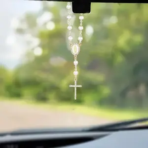 TikTok Viral Imitation Pearl Cross Baptism Prayer Charm - Car Hanging Decoration, Car Ornament, Car Rearview Mirror Hanger & Bracelet | Ideal Car Interior Gift #TikTokCarCharm