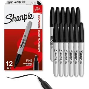 Sharpie Permanent Markers, Fine Tip, Black, 12 Count - Office Supplies, Quick Drying, Fade Resistant, For Wood, Plastic, Paper, Metal, And More