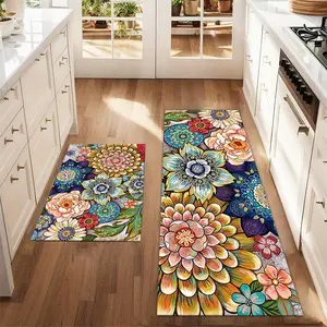 2Pcs abstract floral Floor mat set for farmhouse kitchen Rug restaurant floor laundry room decor carpet mat Floral Area Rug