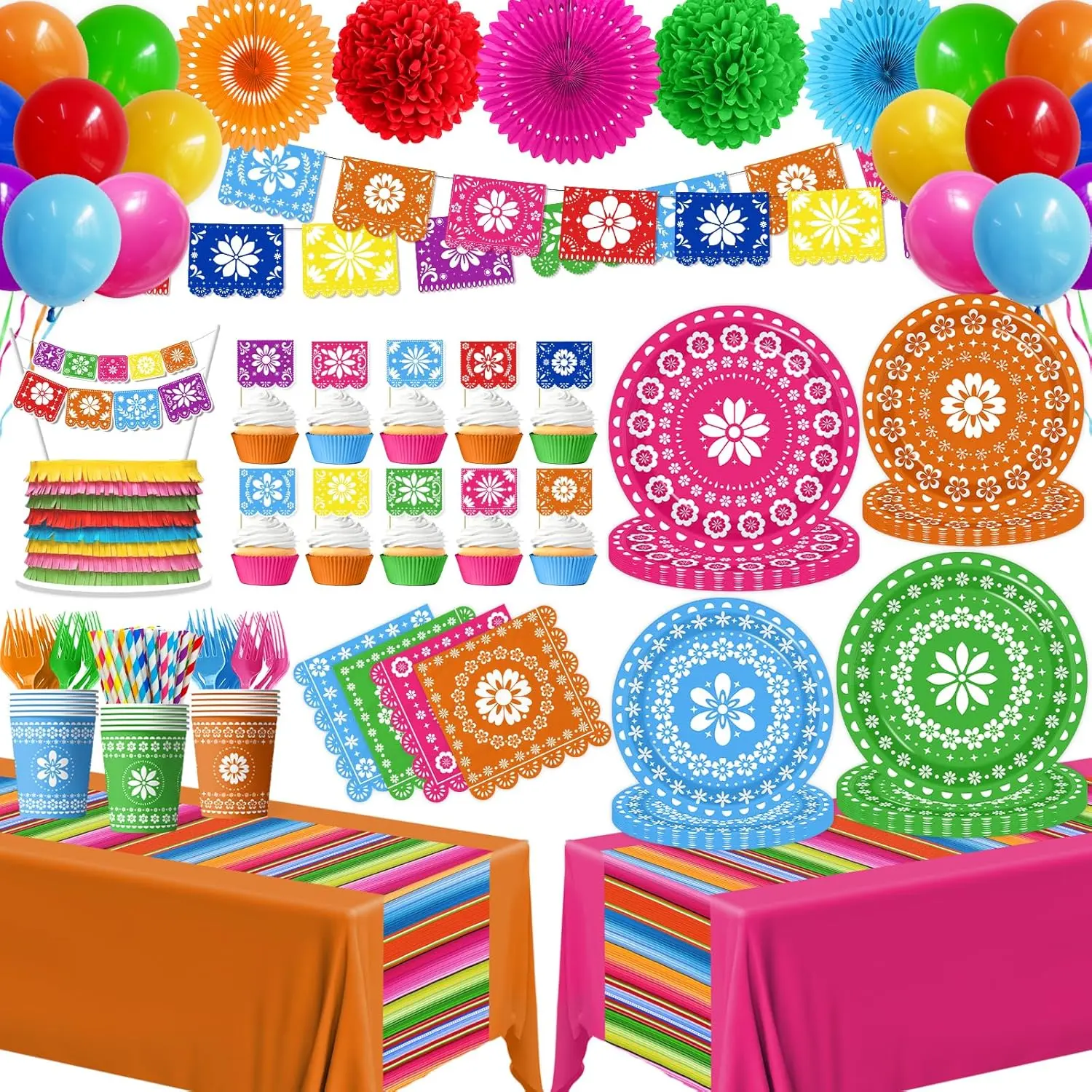 Mexican Fiesta Party Supplies Set - Traditional Flower Decor Waterproof Disposable Tableware Kit with Papel Picado Plates, Napkins, Tablecloth, Cups, Balloons, Cake Topper, Banner, Water Proof, Paper