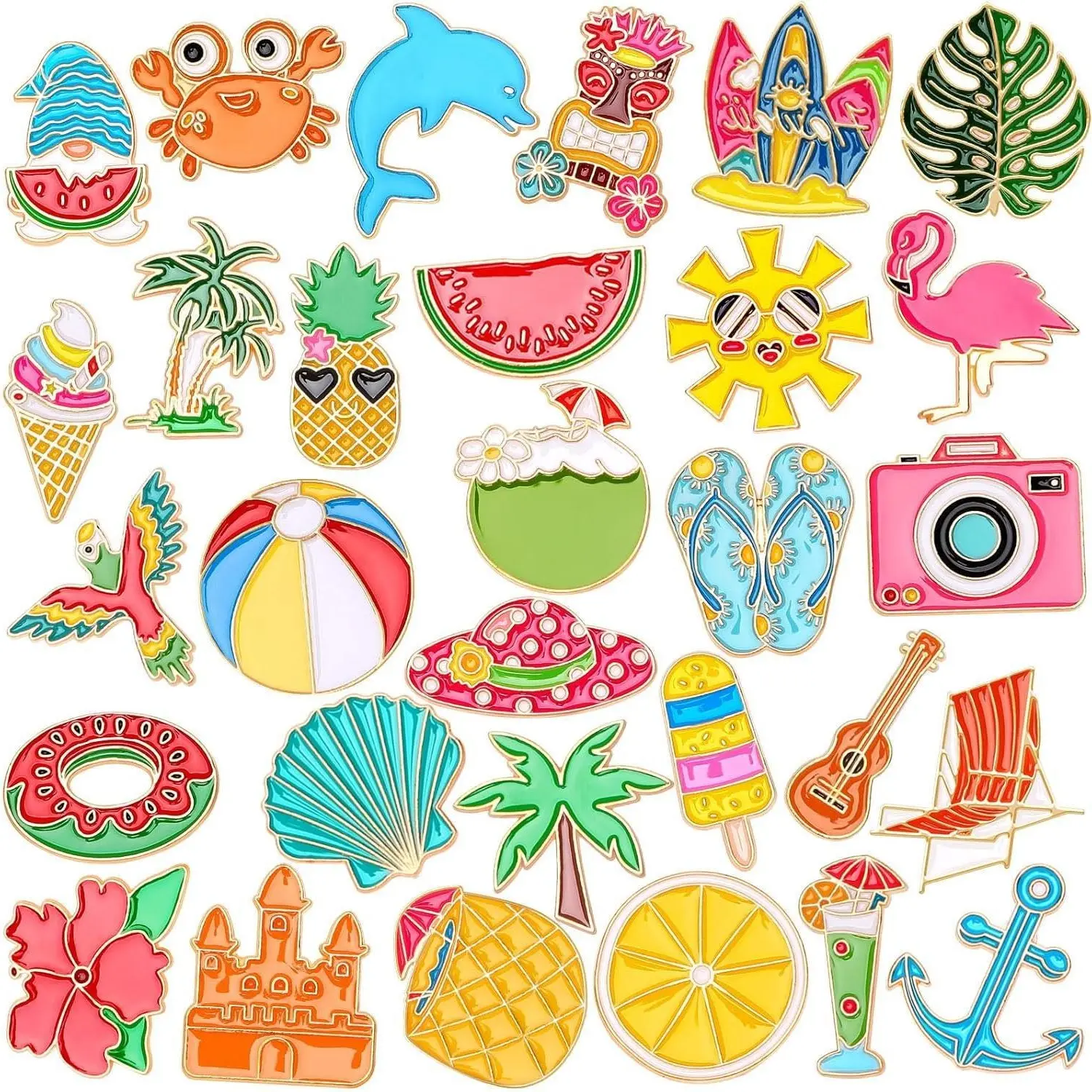 BY-BR94 SP 60Pcs Summer Enamel Pins, Bulk Hawaiian Lapel Pins for Backpacks, Cartoon Watermelon Surfboard Coconut Tree Brooch Pins Beach Button Badges for Clothes Bags Hats Accessories, 30 Styles Celebration Box