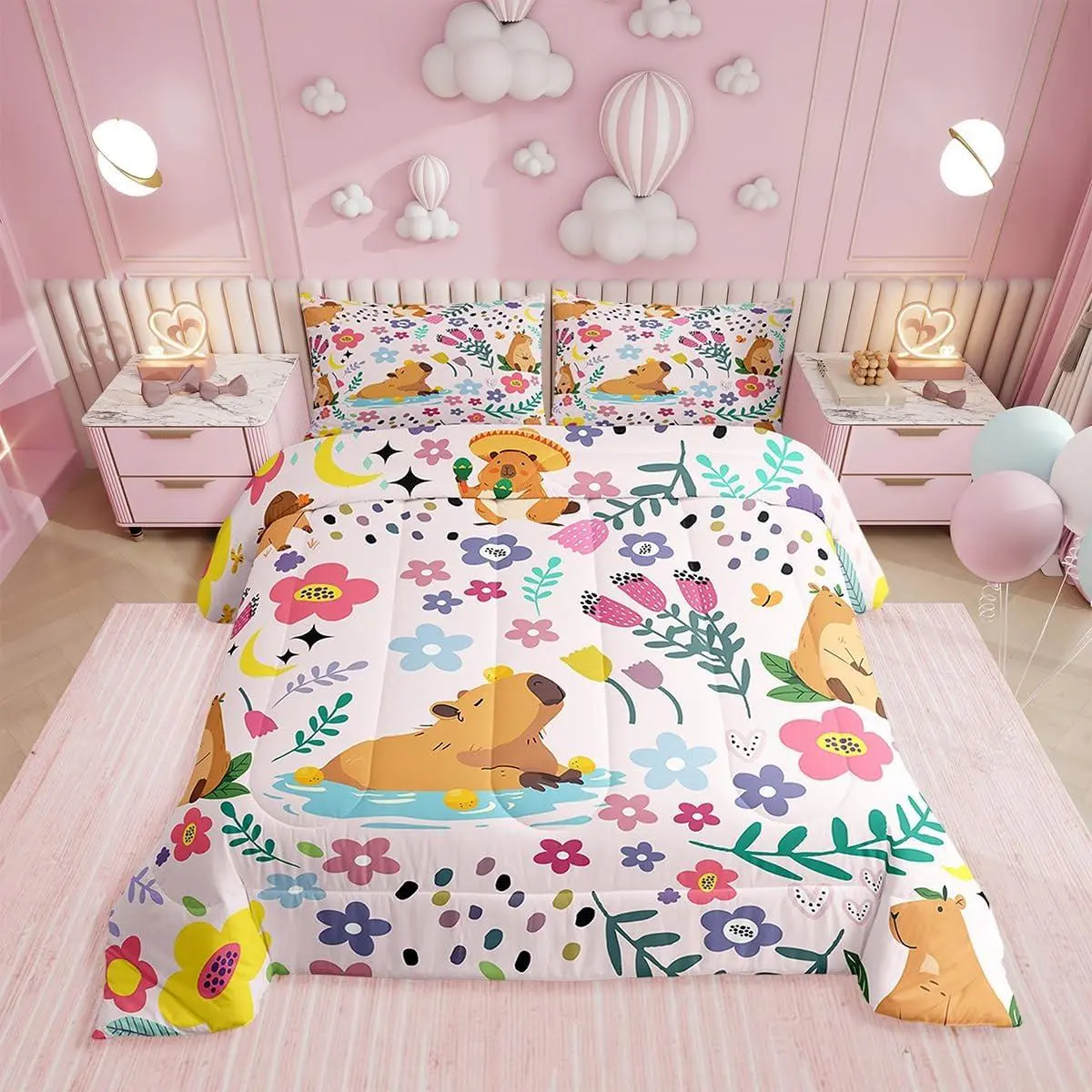 Floral Capybara Comforter for Girls,Cartoon Animal Bedding Set for Kids Child,Lovely Flower Moon Floral Comforter Set,Groovy Style Pink Bed Set