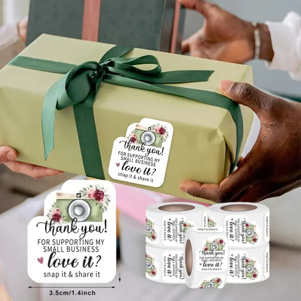 Watercolor Floral Camera Adhesive Labels, 500 Sheets/Roll, 1.4-1.7in (1.4 inches,3.5 cm x 4.3 cm), Peel-Stick Love Message Labels, Beautiful & Brand-Relevant Design, Small Business Office Supplies for Packaging & Order Sealing, Boost Customer Engagement