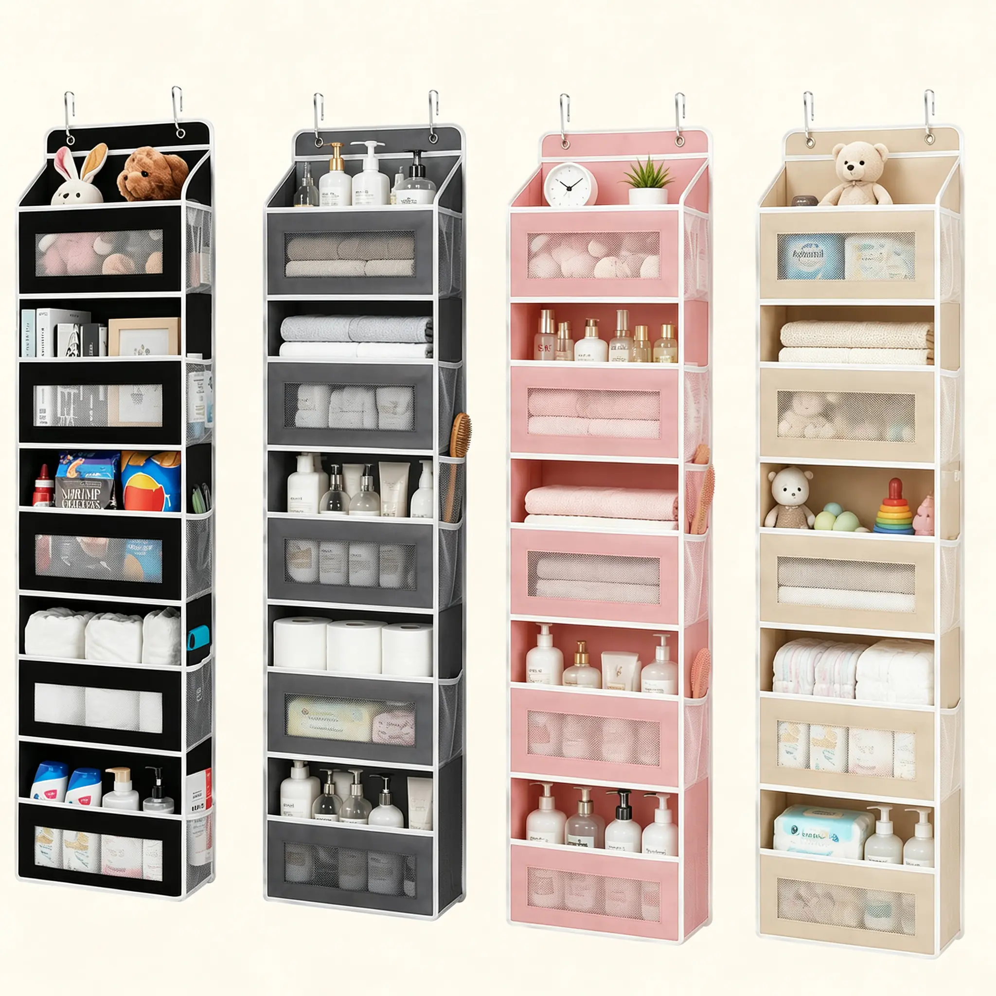 1 Pack Over The Door Organizer with 5 Large Pockets and 10 Mesh Side Pockets, 5 Layers Door Organizer Hanging with Clear Window for Bedroom, Bathroom, Pantry and Nursery, Gray