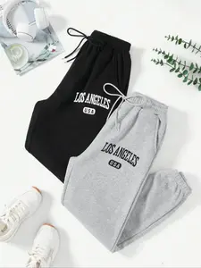 2 Piece Women's Letter Print Fleece Lined Thick Jogger Pants, Casual Running Trousers for Fall & Winter, Ideal for Daily Wear, Workout Casual Baggy