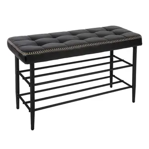 GAOMON Oil Wax Leather Storage Bench with Cushion, Mid-Century Modern Entryway Shoe Rack Organizer Seat for Living Room, Hallway, Bedroom (Black) Cushioned Stool