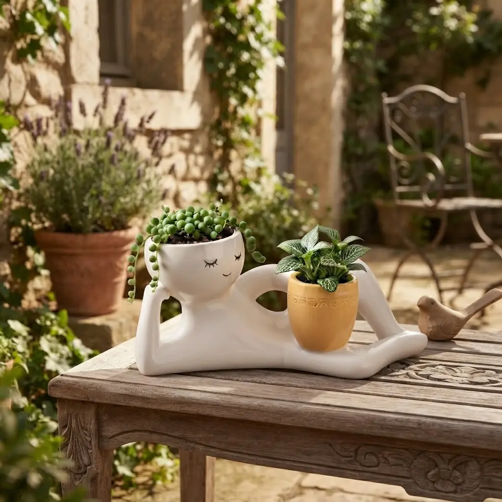 Cute Relaxing Human Figure Planter Pot – Dual Pot Ceramic Succulent Planter & Aesthetic Face Flowerpot,Unique Modern Tabletop Art Decor for Indoor Plants, Living Room, Patio, Garden,Perfect Gift for Plant Lovers,Cute Indoor Plant Holder,Home Office Decor
