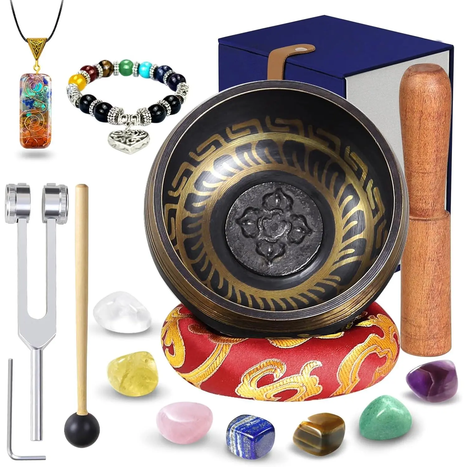 Tibetan Singing Bowl Set (16Pcs, 3.5 in Brass) - Ancient Sound, Mindfulness Meditation Tool - with Tuning Forks, 7 Chakra Stones, Chakra Necklace - for Rejuvenation & Gifting