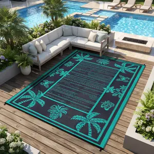 Outdoor Rug Patio Waterproof Reversible, Tropical Plants Indoor Outdoor Rugs, Large Plastic Straw Mat Carpet for Camping, RV, Deck, Balcony, Picnic, Backyard, NavyBlue