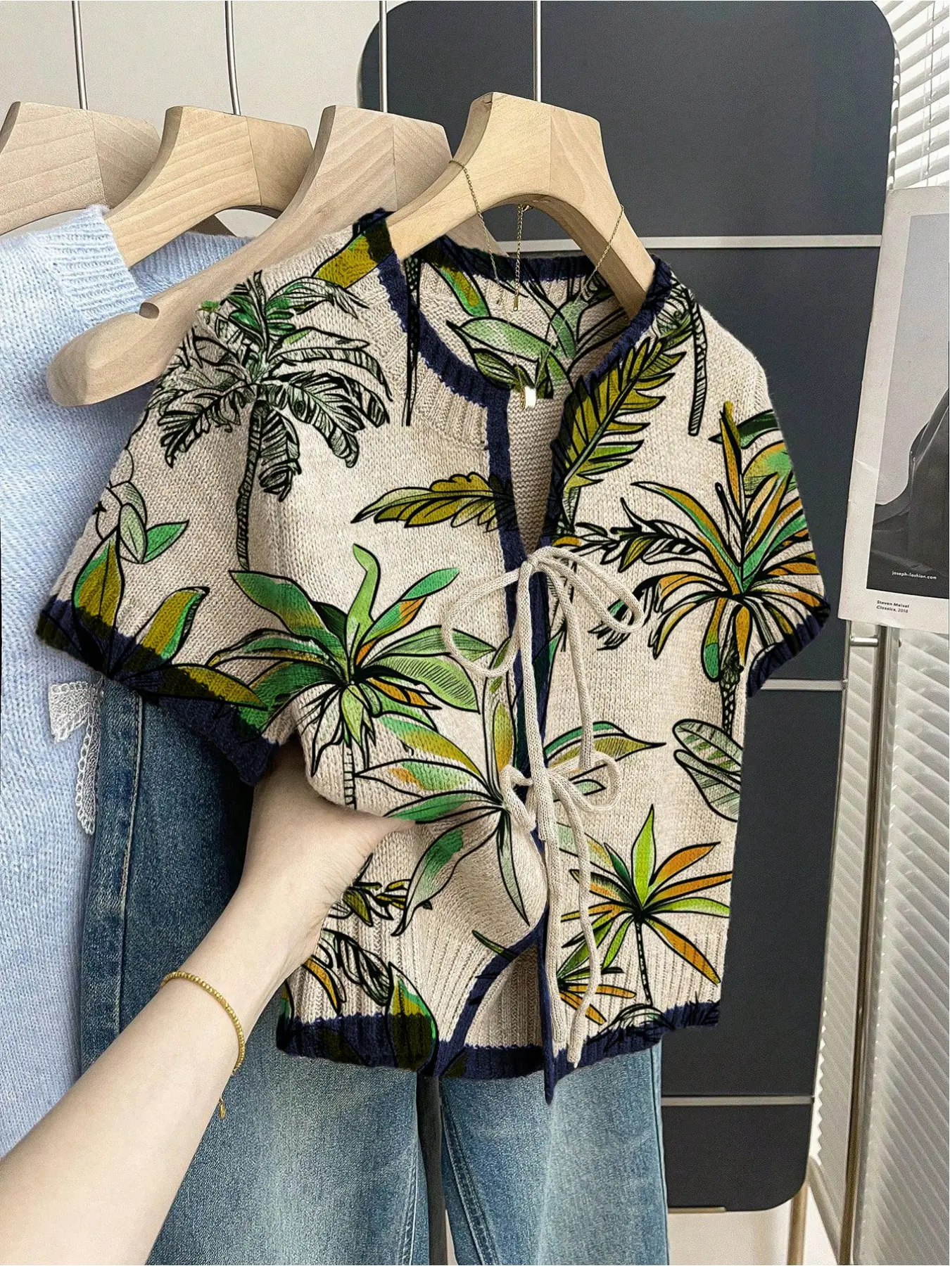 Women's khaki bohemian style vacation short-sleeve knit top. Loose round neck, contrast tree print, front tie and contrast piping. Comfortable for spring & summer casual wear. Casual Boho Soft Womenswear